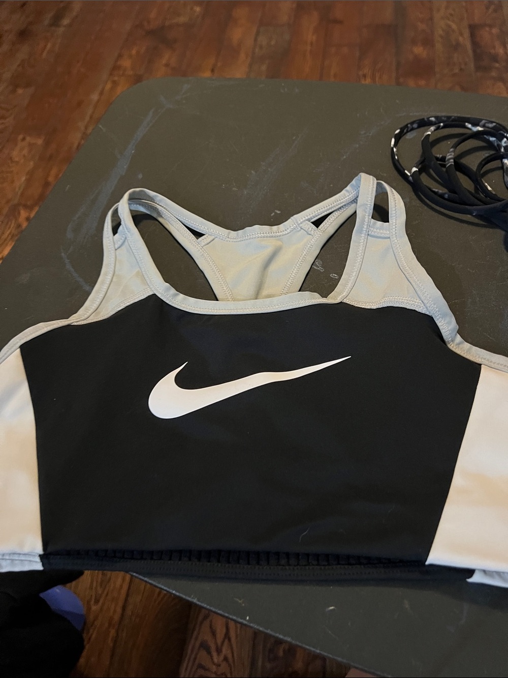 Nike Black & Light Gray Racerback Sports Bra with White Swoosh